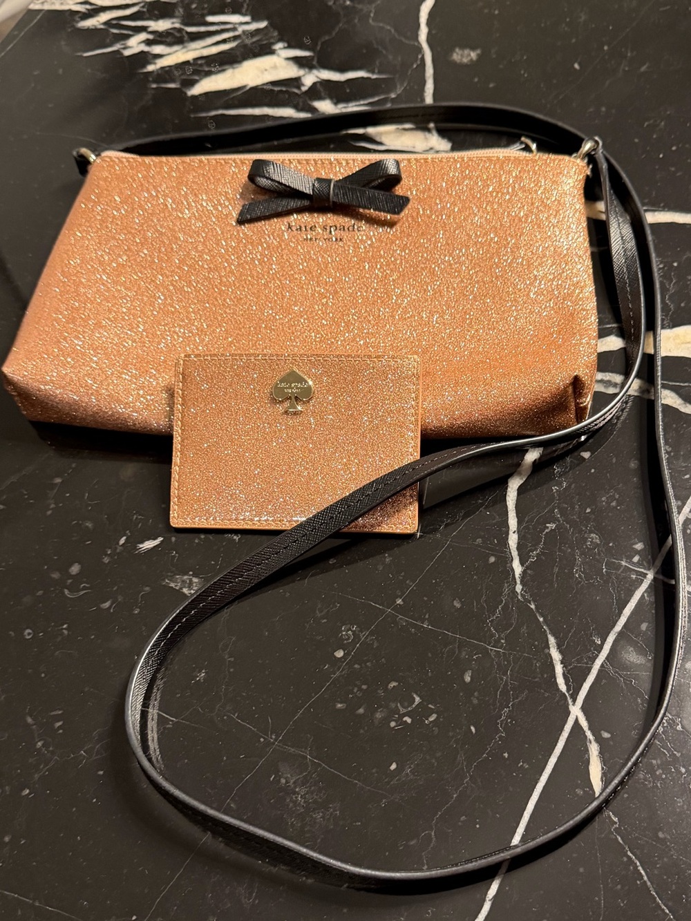 Kate Spade 2-PIECE SET Mavis Street Rose Gold Glitter Crossbody & Card Wallet ♠️ - Picture 3 of 12